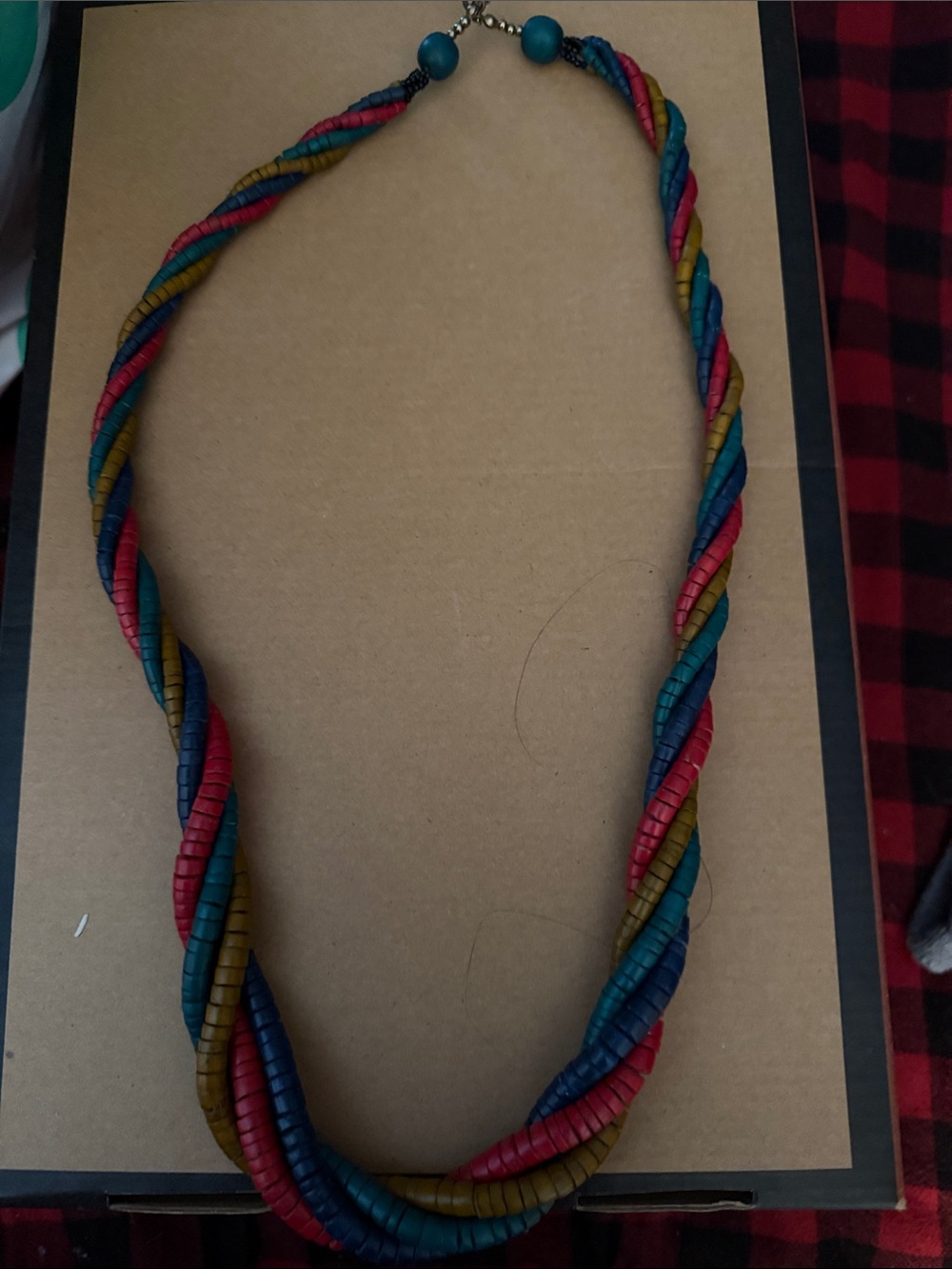 Multistrand Twisted Bead Necklace in Teal, Red & Mustard